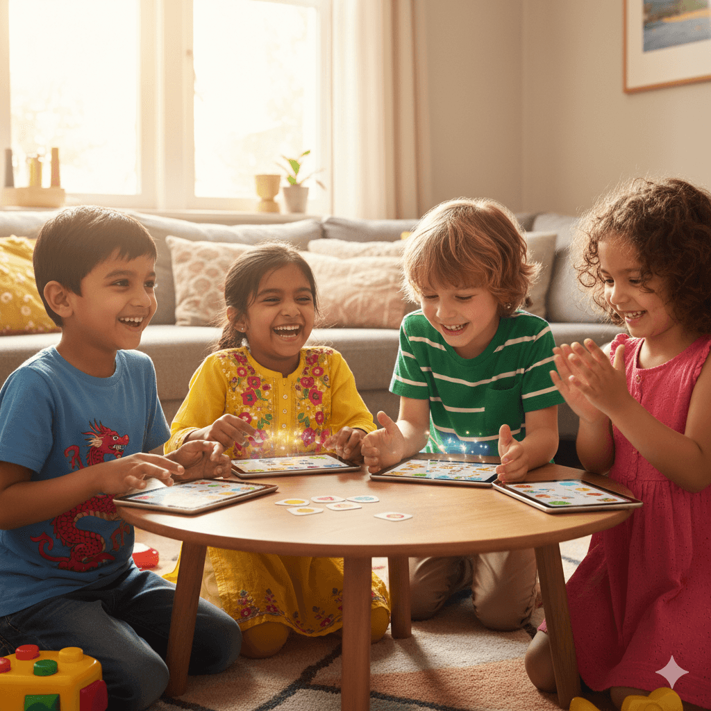 Children enjoying therapeutic learning with tablets